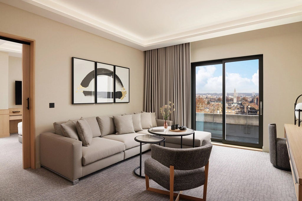 Luxurious Nobu Hotel suite in London, showcasing elegant contemporary design with plush king bed, minimalist decor, and expansive city view through floor-to-ceiling windows