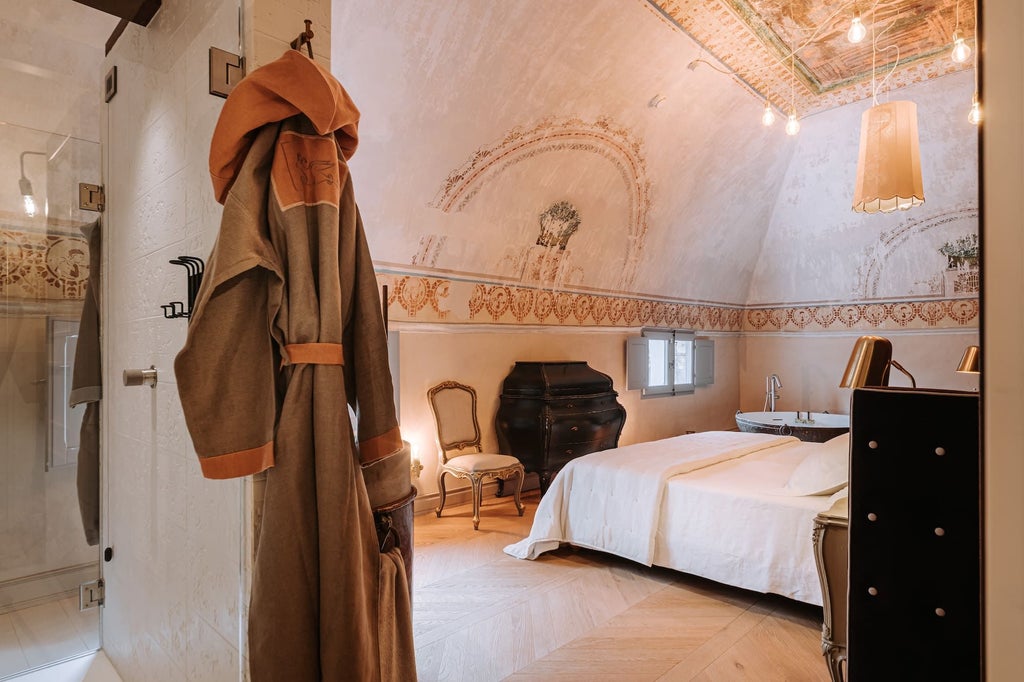 Opulent Italian hotel suite with plush white bed, elegant marble bathroom, and panoramic windows revealing historic scenset architecture and soft sunlight