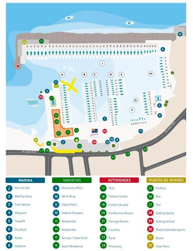 Meeting Point: The yellow line is the entrance to the port. The yellow cross is where the gas point is (number 3).
