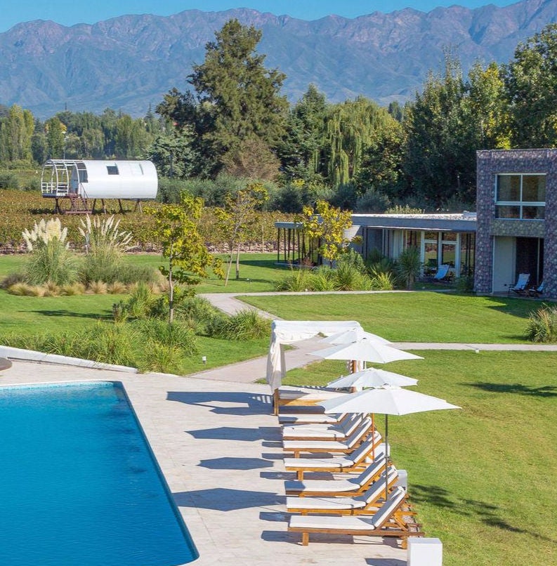 Luxurious vineyard hotel in Mendoza with modernist concrete architecture, infinity pool overlooking Andes mountains at sunset