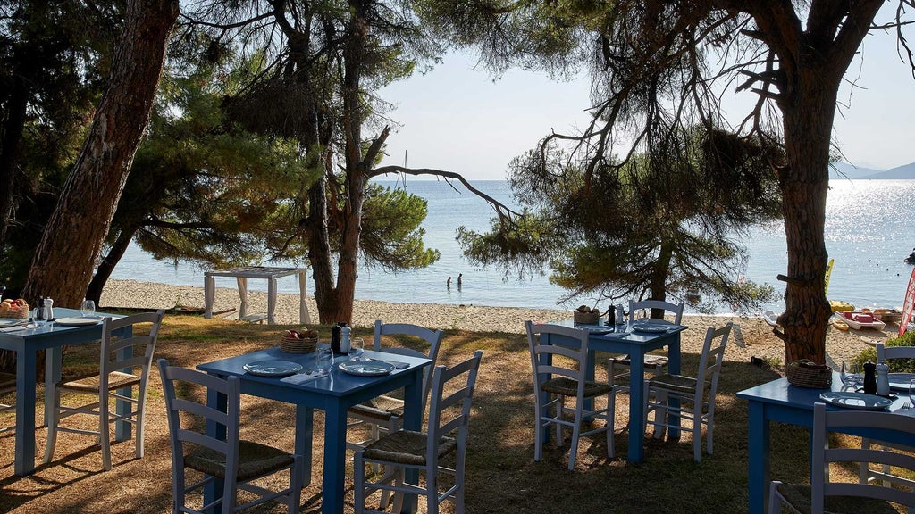 Luxurious seaside resort with white architecture, blue-green Aegean waters, private infinity pool, and elegant minimalist design in Skiathos, Greece