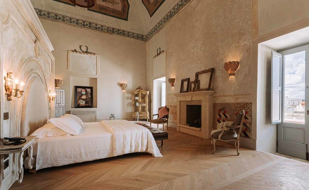 Opulent pink and white boutique hotel facade in Ostuni, Italy, with elegant architectural details and lush Mediterranean landscaping