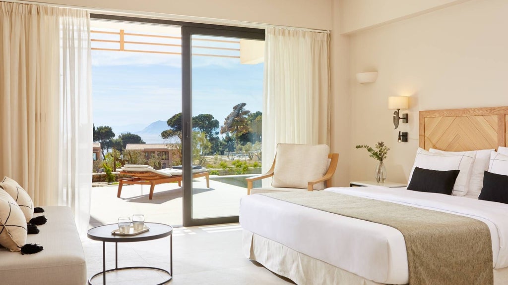 Luxurious junior suite with private pool overlooking azure Aegean waters, featuring modern minimalist design and sleek white interiors at ELIVI resort, Skiathos, Greece