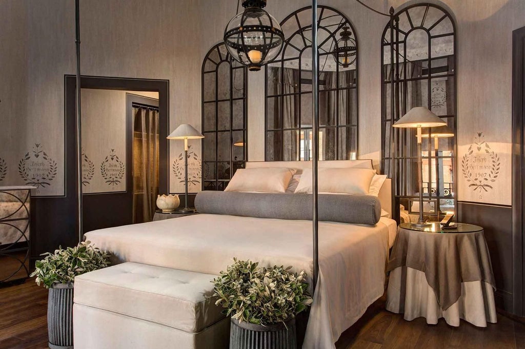 Luxurious garden suite with plush king bed, elegant neutral decor, soft natural lighting, and French doors opening to a lush private garden in a refined UK hotel setting