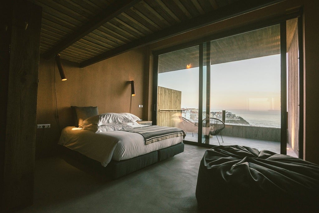 Minimalist white and wood surf-inspired hotel room with ocean view, featuring clean lines, coastal decor, and large window overlooking Portuguese coastline