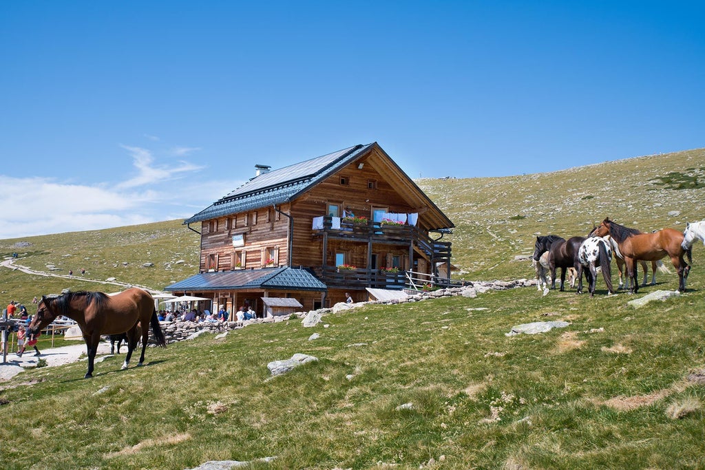 Alpine mountain lodge with wooden balconies nestled in green meadows, featuring traditional South Tyrolean architecture against snowy peaks