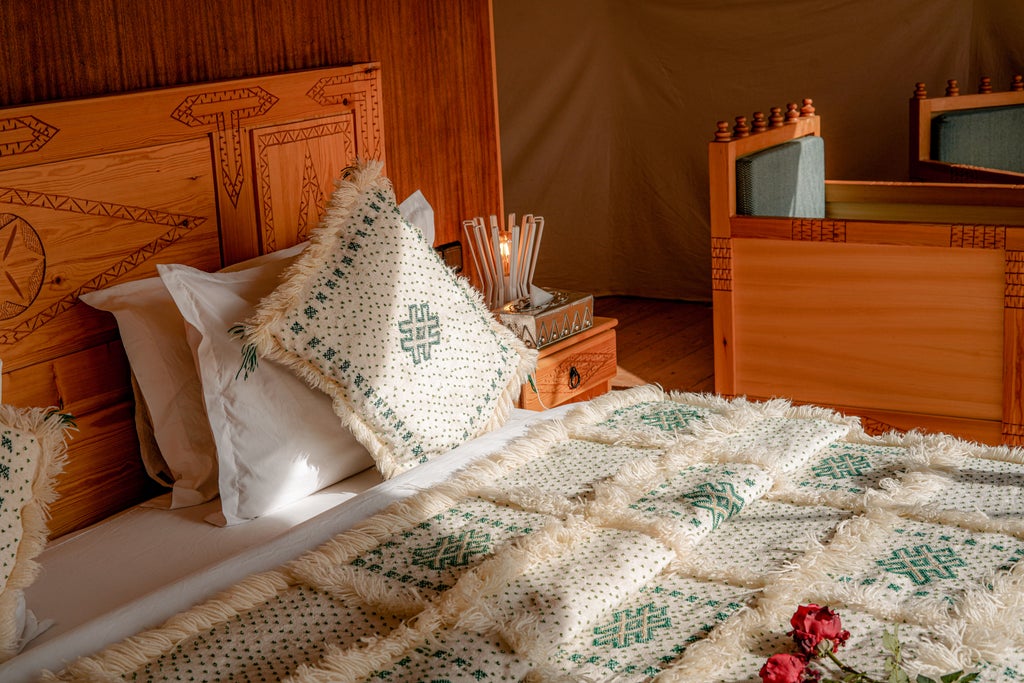 Snow-white luxury desert tent with elegant draped canopy entrance set against golden Moroccan sand dunes at sunset, private terrace