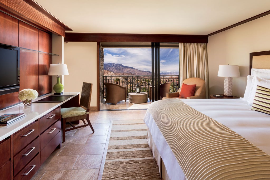 Modern desert resort with infinity pool overlooking Palm Springs valley at sunset, surrounded by rugged mountain landscape and palm trees