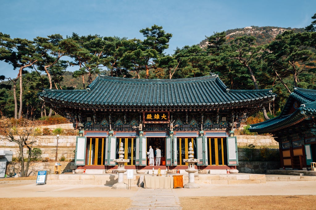 Luxurious full-day tour exploring Seoul's vibrant streets, traditional palaces, and modern architecture with elegant travelers in stylish attire enjoying cultural experiences.