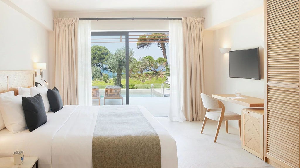 Luxurious white SWAN Villa bedroom with panoramic sea view, modern minimalist design, elegant furnishings, and natural light in ELIVI Skiathos, Greece