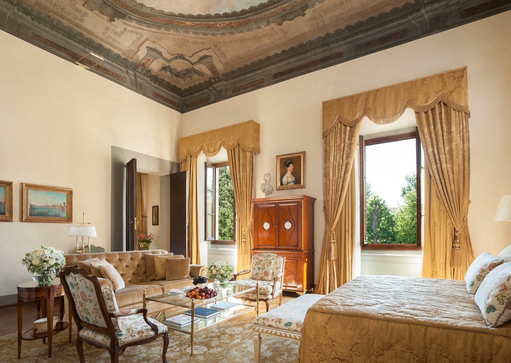 Opulent Renaissance-era hotel in Florence with manicured Italian gardens, ornate stone facade, and classical architecture at sunset