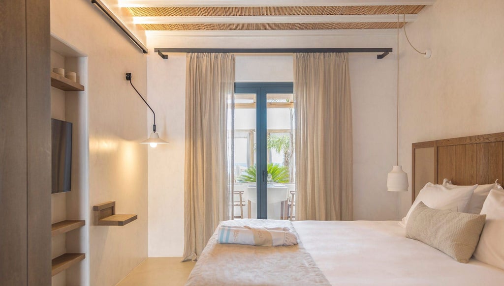 Luxurious white-styled deluxe hotel room with expansive Aegean Sea and pool view, minimal design, crisp linens, and contemporary Greek island aesthetic