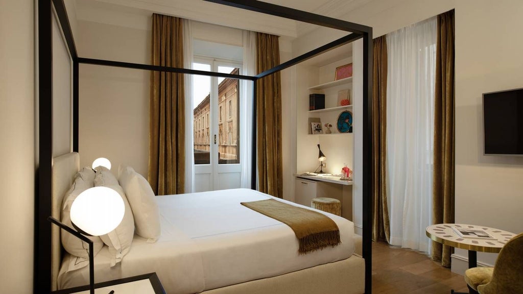 Elegant deluxe hotel room with modern design, soft neutral tones, luxurious bed, sleek furniture, and large window overlooking scenset cityscape of Rome, Italy