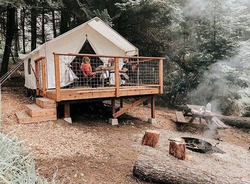 Luxury safari-style glamping tent nestled among towering redwoods at Mendocino Grove, featuring a private deck with forest views