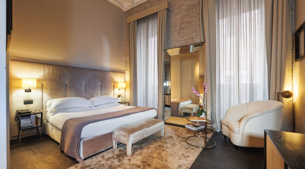 Elegant deluxe hotel room with soft neutral tones, plush white bedding, modern minimalist decor, and soft natural lighting in a luxurious Italian setting