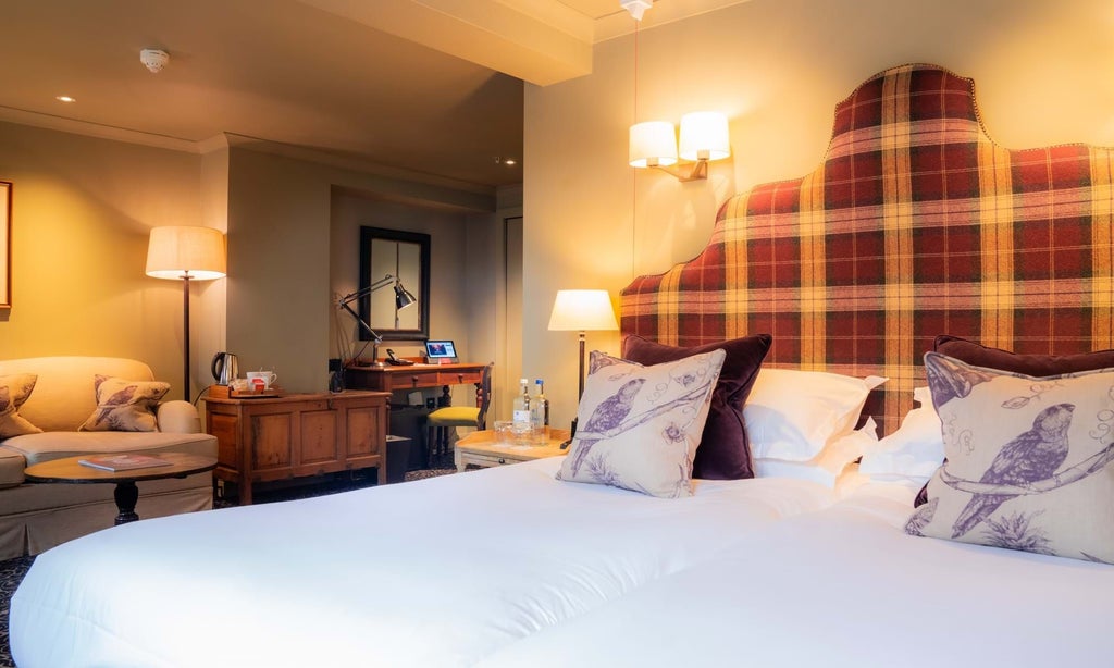 Elegant accessible courtyard classic room at historic Lygon Arms, featuring plush bedding, warm wooden furnishings, and soft natural lighting from large windows.