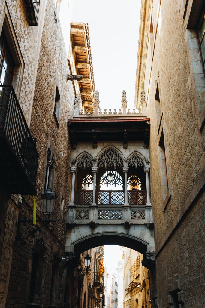 View overlooking Barcelona's tiled rooftops at sunset, with Sagrada Familia's iconic spires rising above the cityscape in golden light