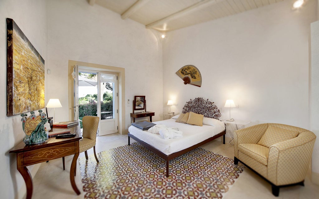 Luxurious Sicilian hotel room with elegant white linens, handcrafted wooden furniture, soft natural light, and traditional architectural details in a historic Italian setting