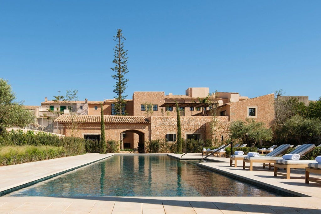 Historic Mediterranean villa with stone facade, manicured courtyard garden, and elegant arched windows overlooking a tranquil pool terrace