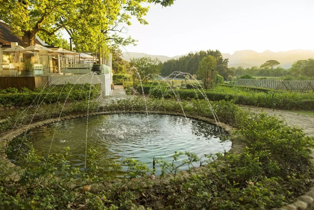 Elegant wine estate suite with floor-to-ceiling windows overlooking rolling vineyards and mountains, featuring modern farmhouse decor