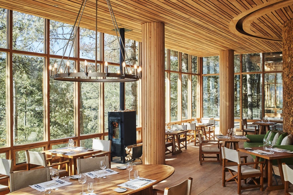 Contemporary mountain lodge nestled in Bhutanese forest, featuring pine wood facade, floor-to-ceiling windows, and wraparound terrace