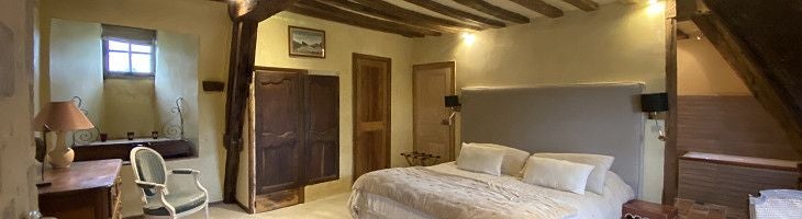 Elegant French château hotel room with antique furnishings, soft cream walls, ornate canopy bed, and large arched window overlooking lush gardens