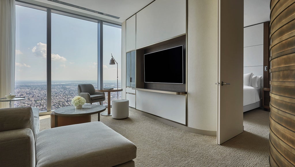 Luxury high-rise Four Seasons hotel reflects golden sunset in glass exterior, towering over downtown Philadelphia skyline at dusk