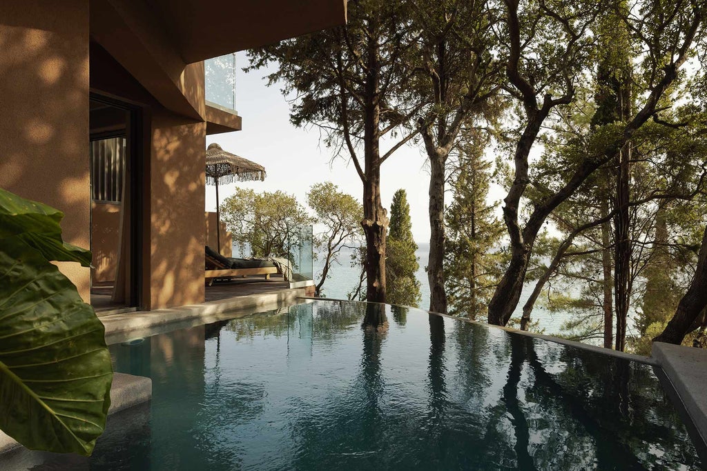 Luxurious seaside hotel with white minimalist architecture, infinity pool overlooking azure Aegean waters, lush Mediterranean greenery framing scenic coastal landscape