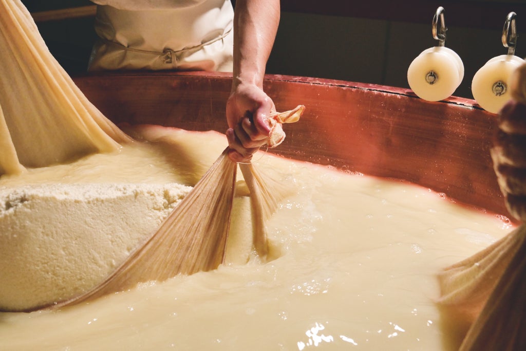 Local cheesemaker demonstrating traditional Pecorino production in rustic Tuscan farmhouse, with wooden shelves of aging cheese wheels