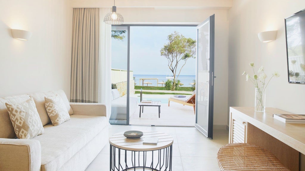 Luxurious beachfront suite at ELIVI Skiathos, featuring minimalist white decor, panoramic sea view, and elegant contemporary design with natural wood accents.