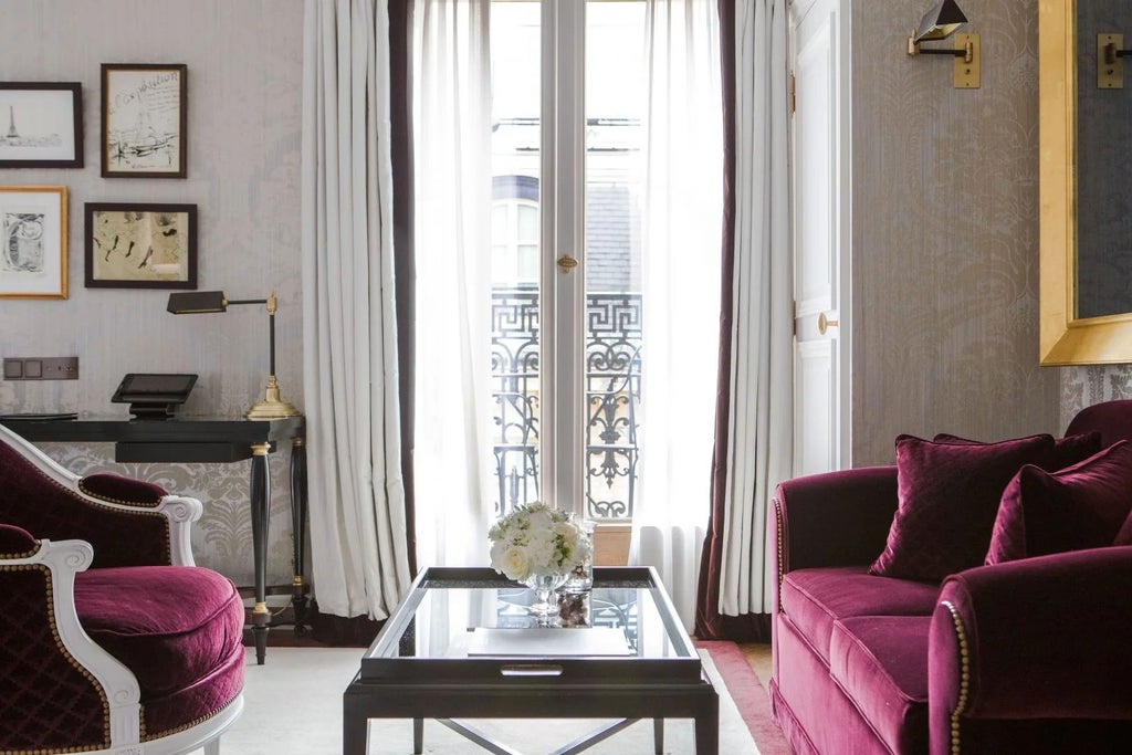 Elegant Parisian hotel suite with plush cream-colored furnishings, soft lighting, and sophisticated contemporary design overlooking city skyline