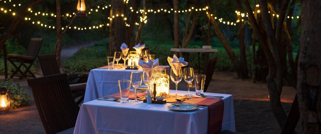 Elegant wooden deck overlooking African savanna at luxury safari lodge, with plush lounge chairs and canvas shade umbrellas