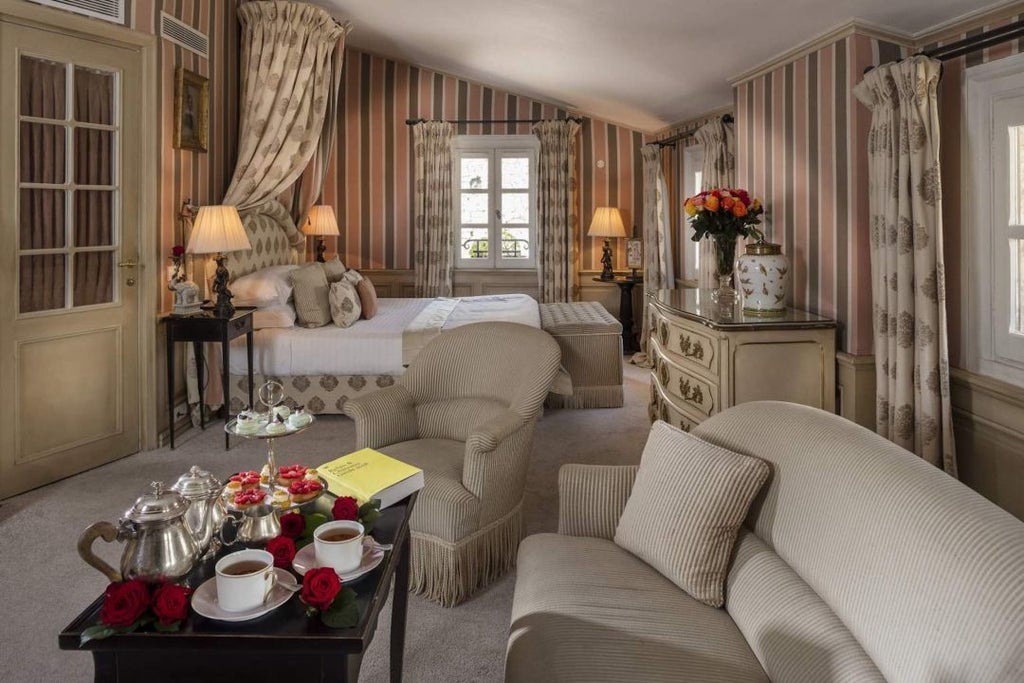 Luxurious junior suite with soft neutral tones, elegant furnishings, and charming village view through large windows at Hotel Le Saint Paul in France