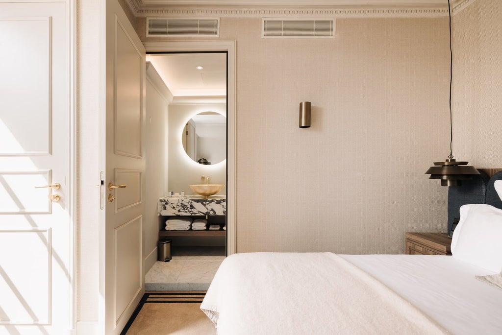 Elegant boutique hotel room with modern decor, soft neutral tones, plush white bedding, and minimalist design capturing a sophisticated Netherlands aesthetic