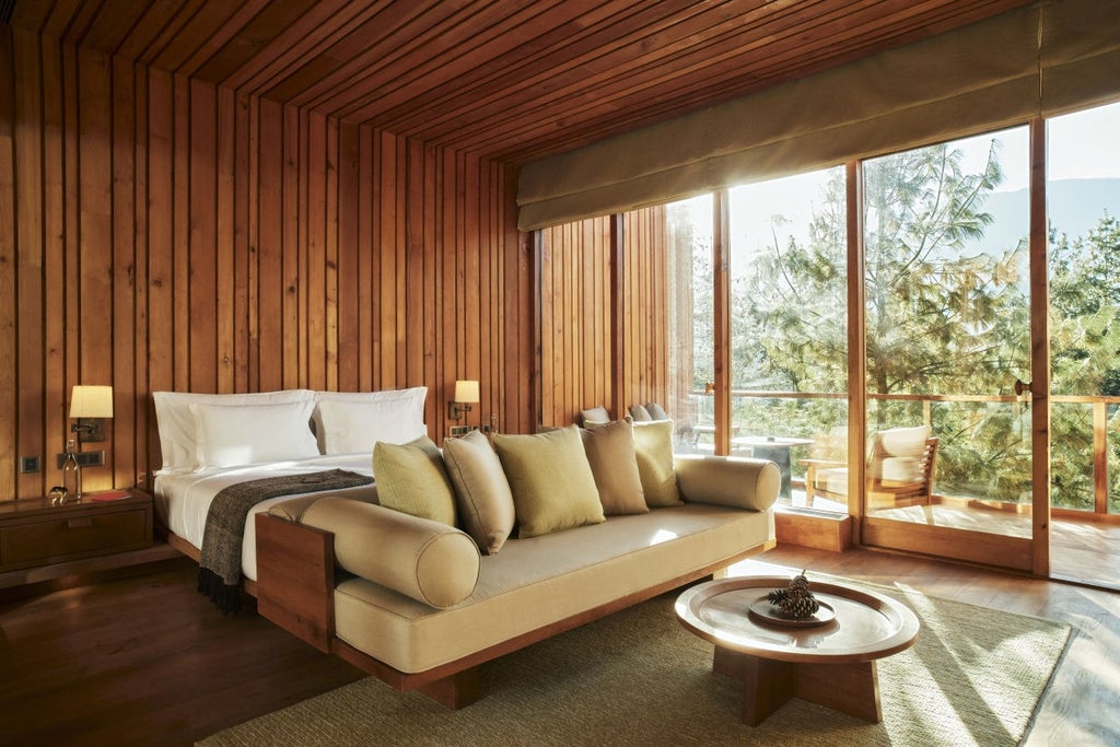 Rustic-luxe lodge nestled in Bhutanese pine forest, featuring timber architecture with floor-to-ceiling windows and mountain views