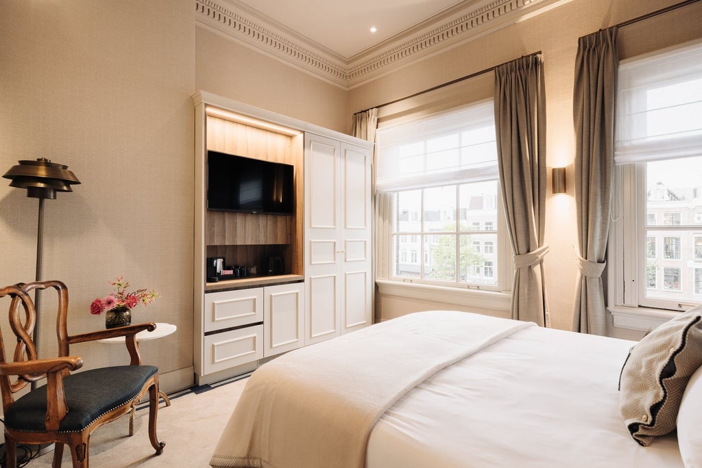 Elegant luxurious grand merchant room with plush king bed, soft neutral tones, modern minimalist design, expansive city view in historic Netherlands hotel