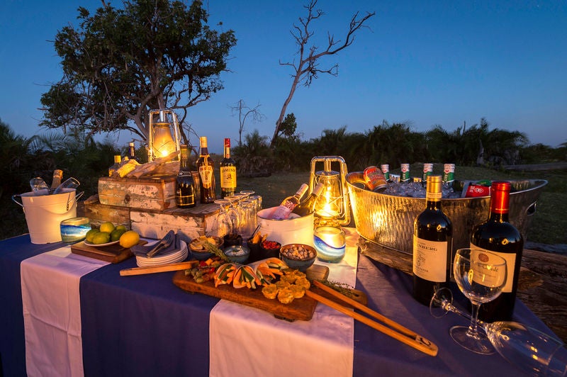 Elevated safari tent with private deck overlooking lush Okavango Delta wetlands, luxury lodge setting with natural wood accents