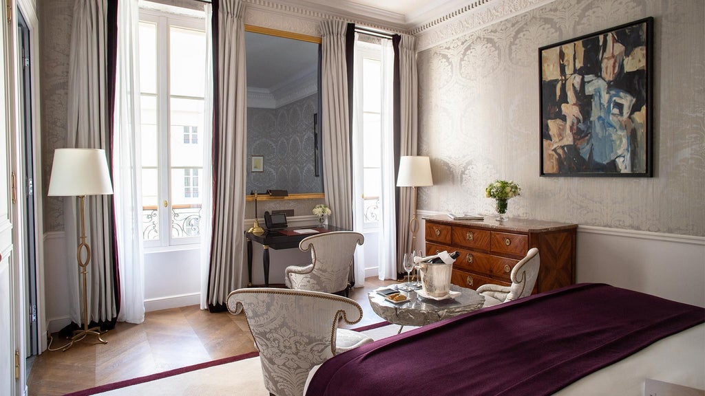 Elegant Parisian luxury hotel room with soft neutral tones, plush bedding, contemporary design, and large windows overlooking sophisticated urban landscape