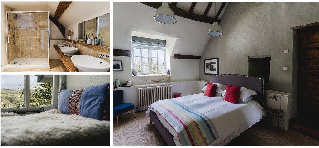 Elegant rustic bedroom at scenset Barton retreat, featuring exposed wooden beams, plush white bedding, and soft natural light from countryside windows