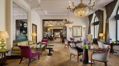 The hotel lobby lounge area
