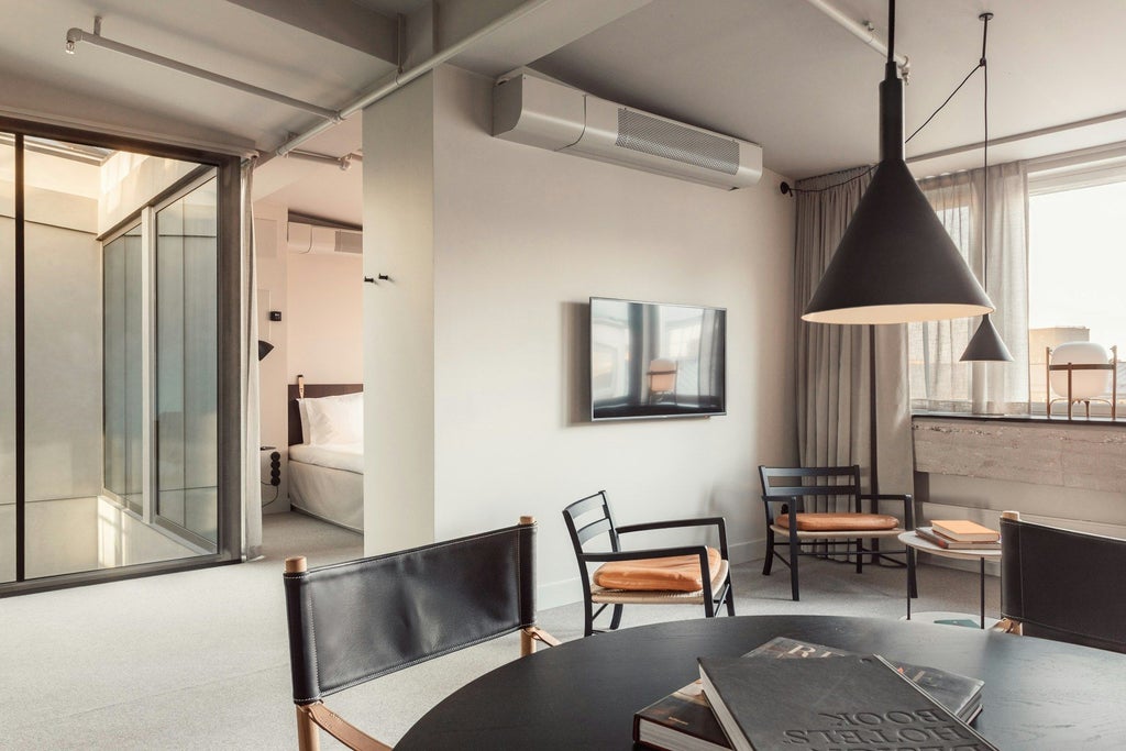 Minimalist Nordic hotel room with sleek design, featuring floor-to-ceiling windows, neutral color palette, and sophisticated Scandinavian contemporary furnishings