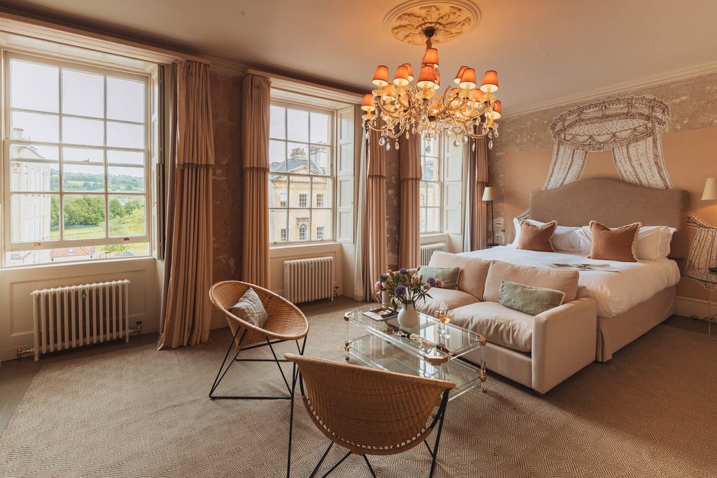 Elegant boutique hotel exterior with Georgian-style architecture, featuring warm lighting, pristine white facade, and charming urban street setting in Bath, United Kingdom