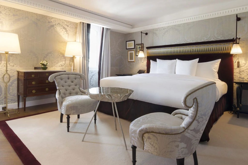 Elegant Parisian prestige suite with plush cream furnishings, crystal chandelier, panoramic city view, and sophisticated modern French luxury design aesthetic