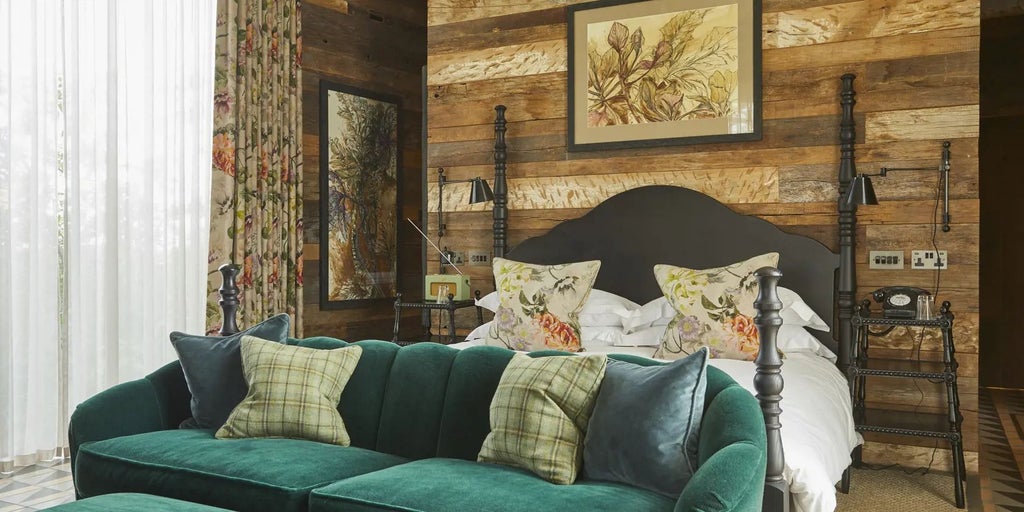 Rustic luxury cabin interior with plush green armchair, wooden floors, large windows overlooking serene lake landscape at Lime Wood hotel in countryside