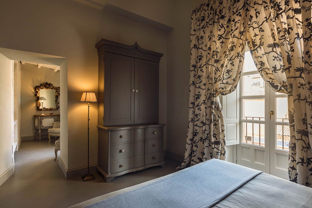 Elegant deluxe hotel room in Italy with private terrace, featuring luxurious decor, soft neutral tones, and sweeping architectural details overlooking scenic landscape