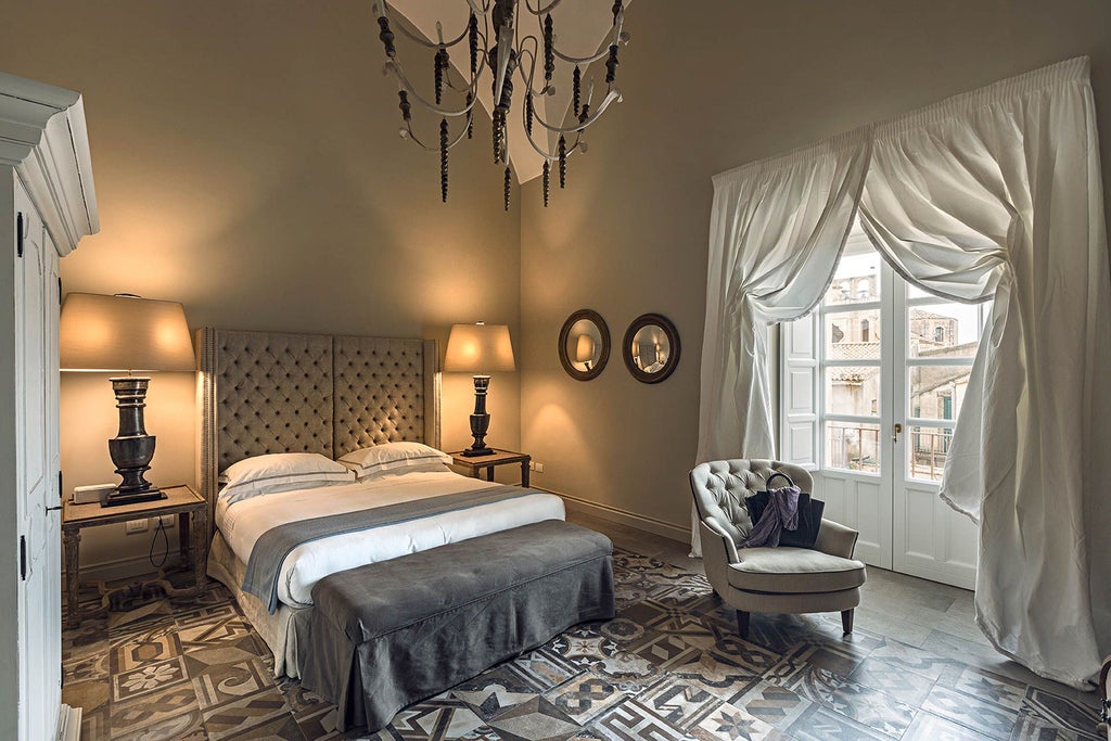 Spacious grand suite with elegant Italian decor, featuring plush white bedding, antique furnishings, and expansive windows overlooking scenic landscape