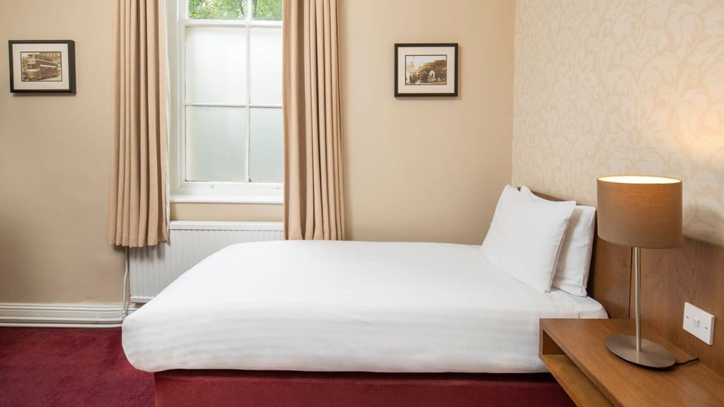 Contemporary single room at a UK hotel with sleek modern decor, plush white bedding, minimalist furniture, and large window offering soft natural lighting