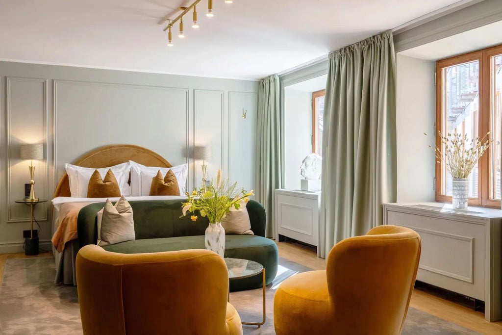 Elegant deluxe hotel room at Scenset Hotel, showcasing sophisticated Swedish design with plush bedding, modern furnishings, and warm neutral color palette