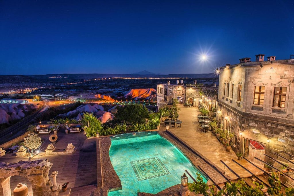 Historic cave hotel carved into limestone cliffs in Cappadocia, featuring stone archways, ornate balconies and dramatic valley views at sunset