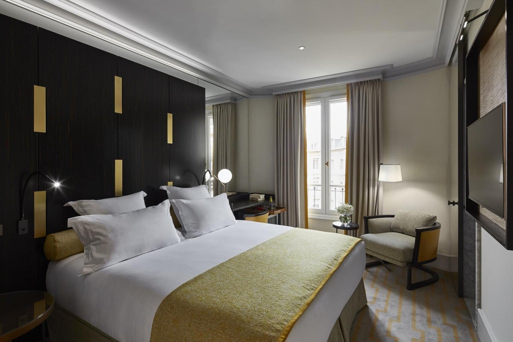 Elegant superior room at Hotel Montalembert, Paris, featuring modern minimalist design, plush white bedding, and soft neutral tones with contemporary artwork